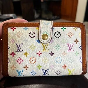 Louis Vuitton White Multicolor Monogram Compact Wallet with Tan Trim